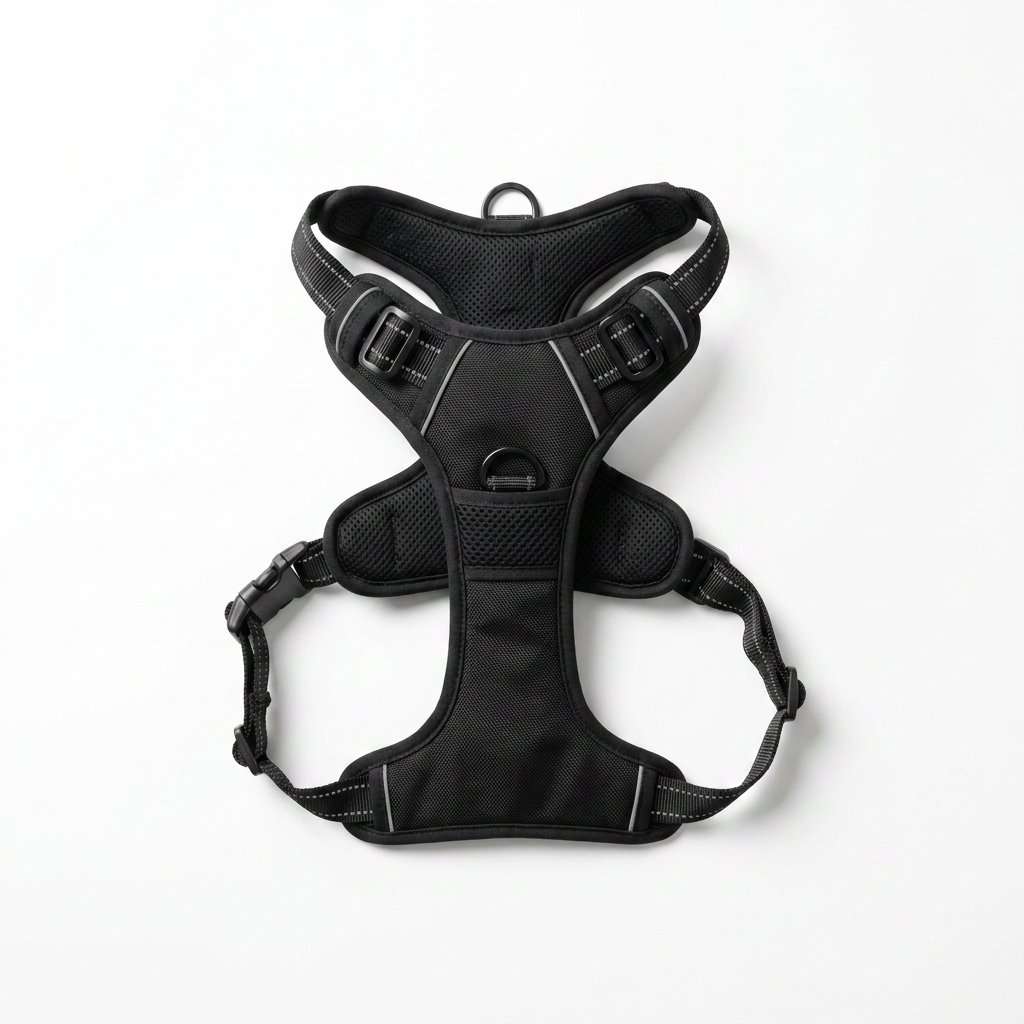 No-pull dog harness laid flat on a white background, showing the front chest ring and the side buckles