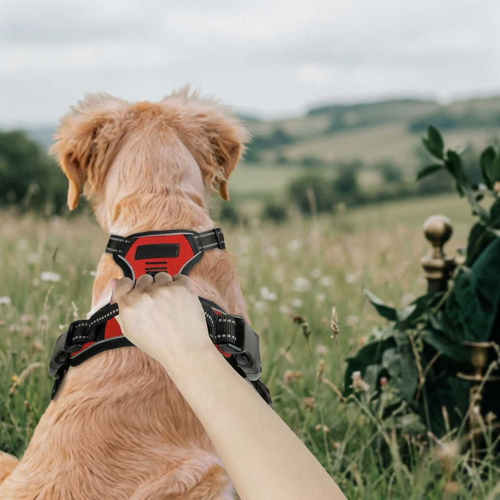 A hand gripping the harness top handle to hold a dog close