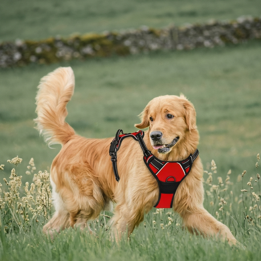 Dog wearing the no-pull harness outdoors on a walk