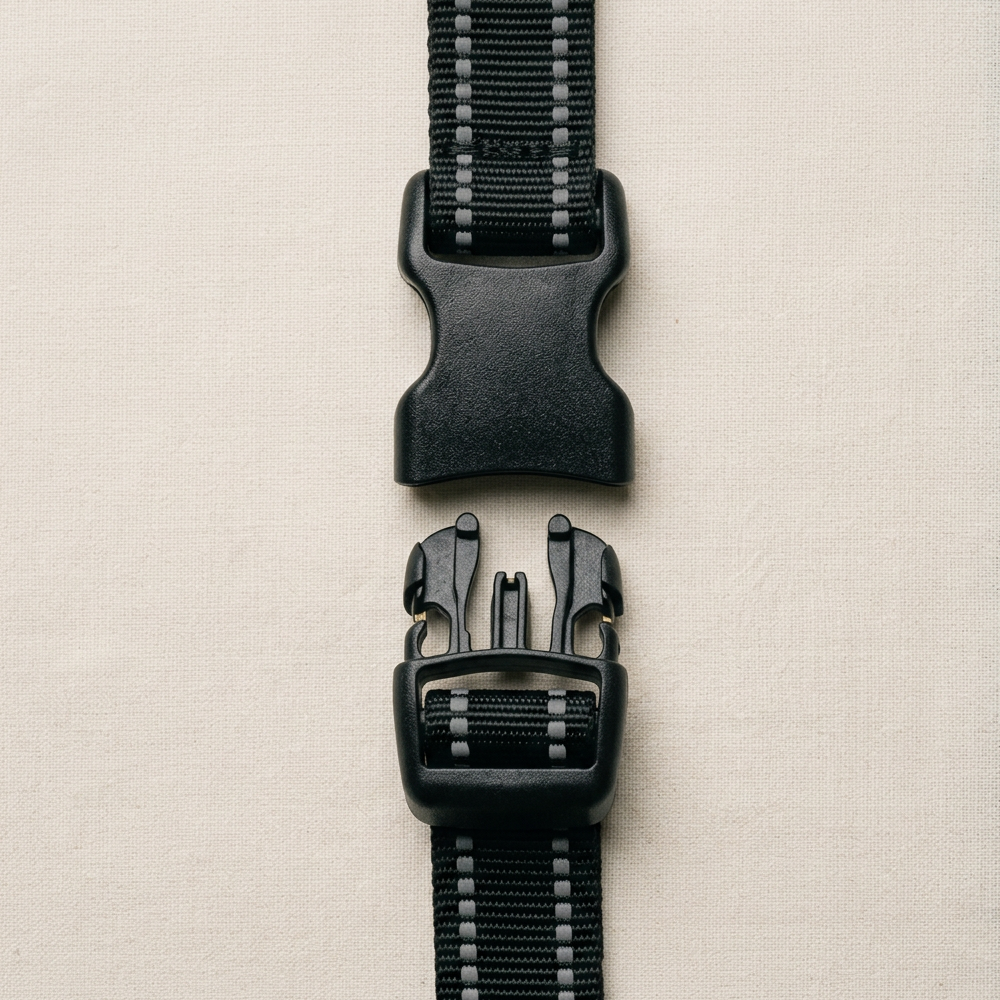 Close-up of one of the two locking side buckles on the dog harness