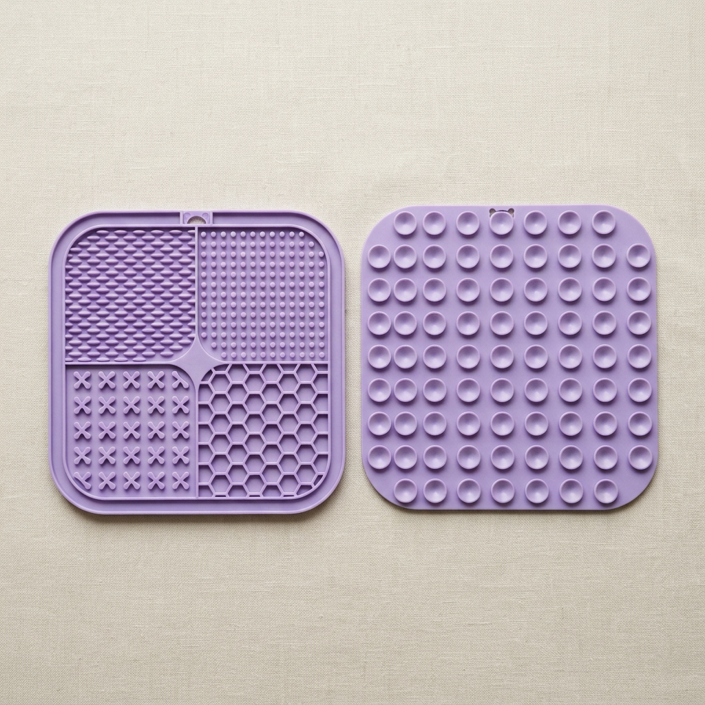 Both sides of the dog lick mat showing the ridge, dot, cross and honeycomb textures