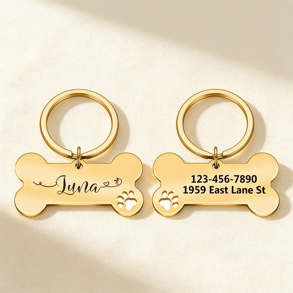 Both sides of the engraved dog tag: the dog's name on the front and a phone number on the back
