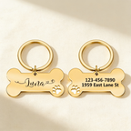 Both sides of the engraved dog tag: the dog's name on the front and a phone number on the back