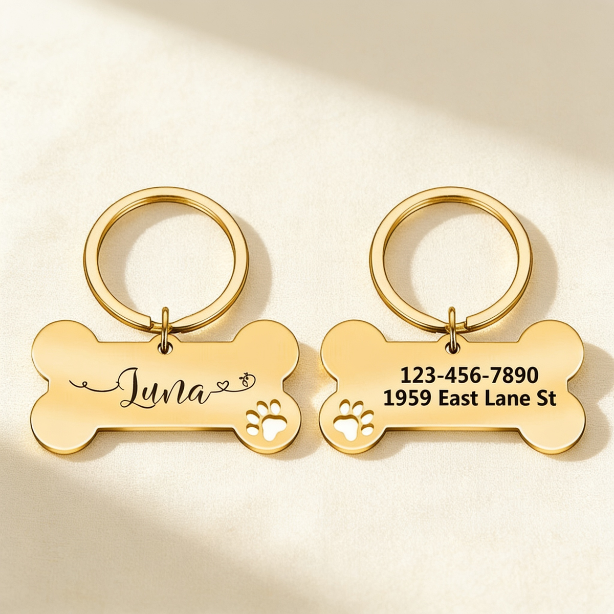 Both sides of the engraved dog tag: the dog's name on the front and a phone number on the back