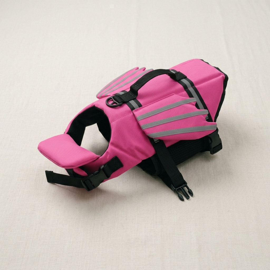 Pink dog life jacket laid flat on cream linen, showing the chin float, rescue handle, D-ring and buckles