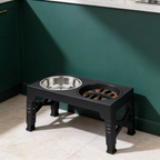 Collar and Crest raised dog bowl stand on a plain brand background