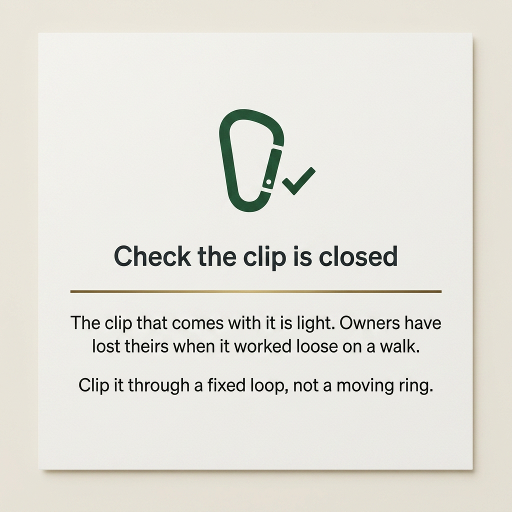 Warning card: the carabiner it comes with is light, so use a clip you trust for daily use