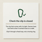 Warning card: the carabiner it comes with is light, so use a clip you trust for daily use