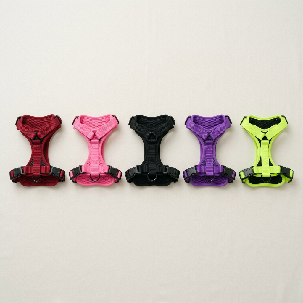 The no-pull dog harness in all five colours: black, red, pink, purple and neon yellow
