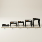 The five height settings on the raised dog bowl stand: 8, 22, 25, 28 and 31 cm
