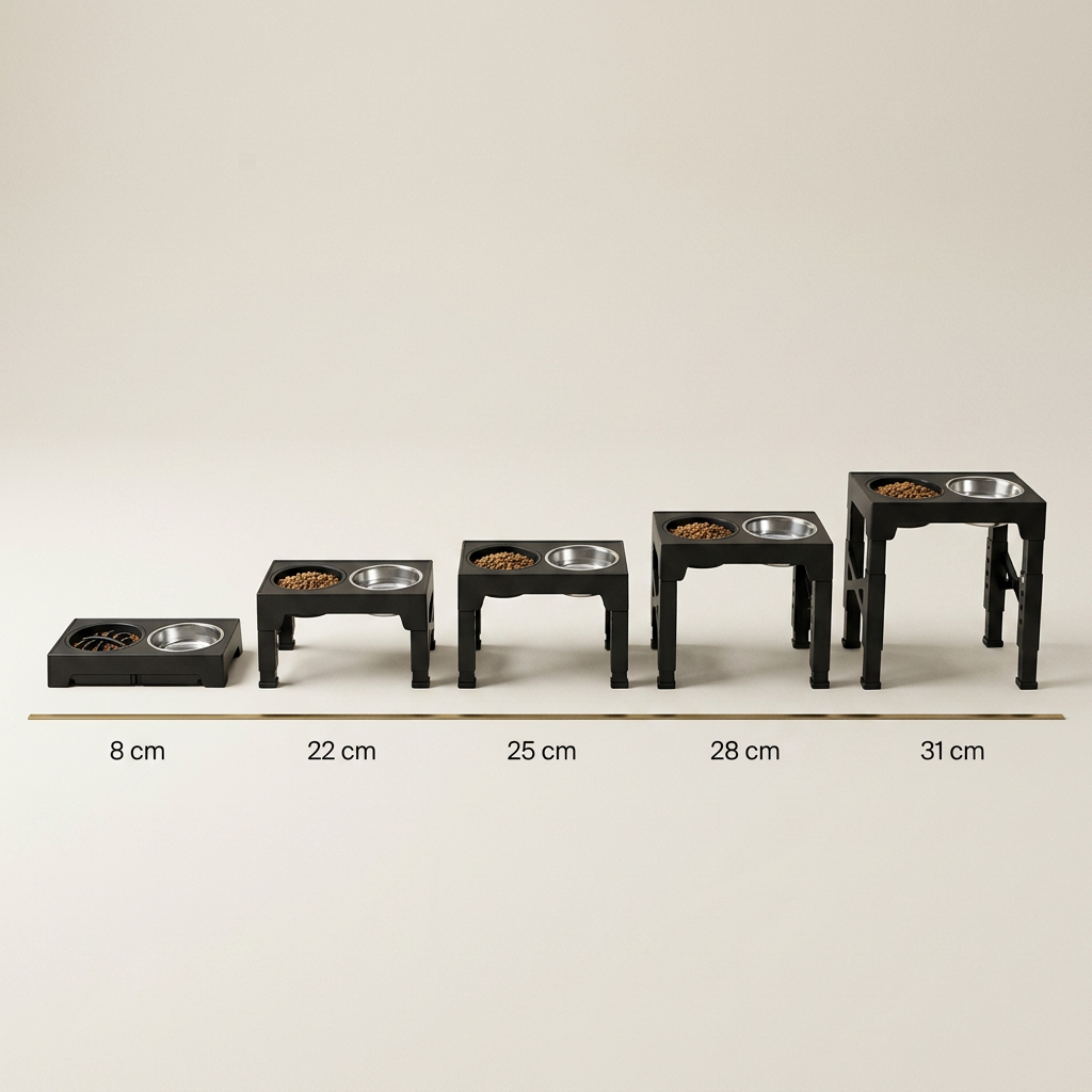 The five height settings on the raised dog bowl stand: 8, 22, 25, 28 and 31 cm