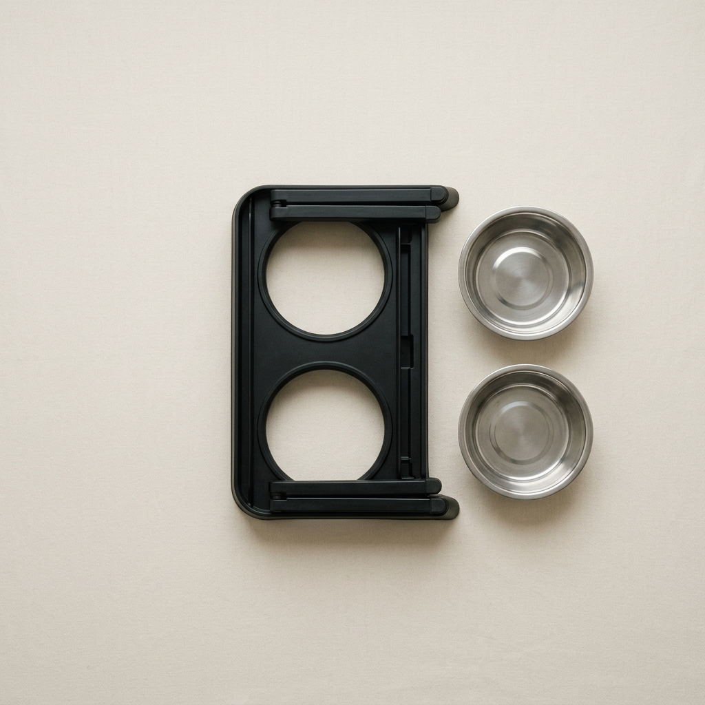The raised dog bowl stand with its legs folded flat for storage