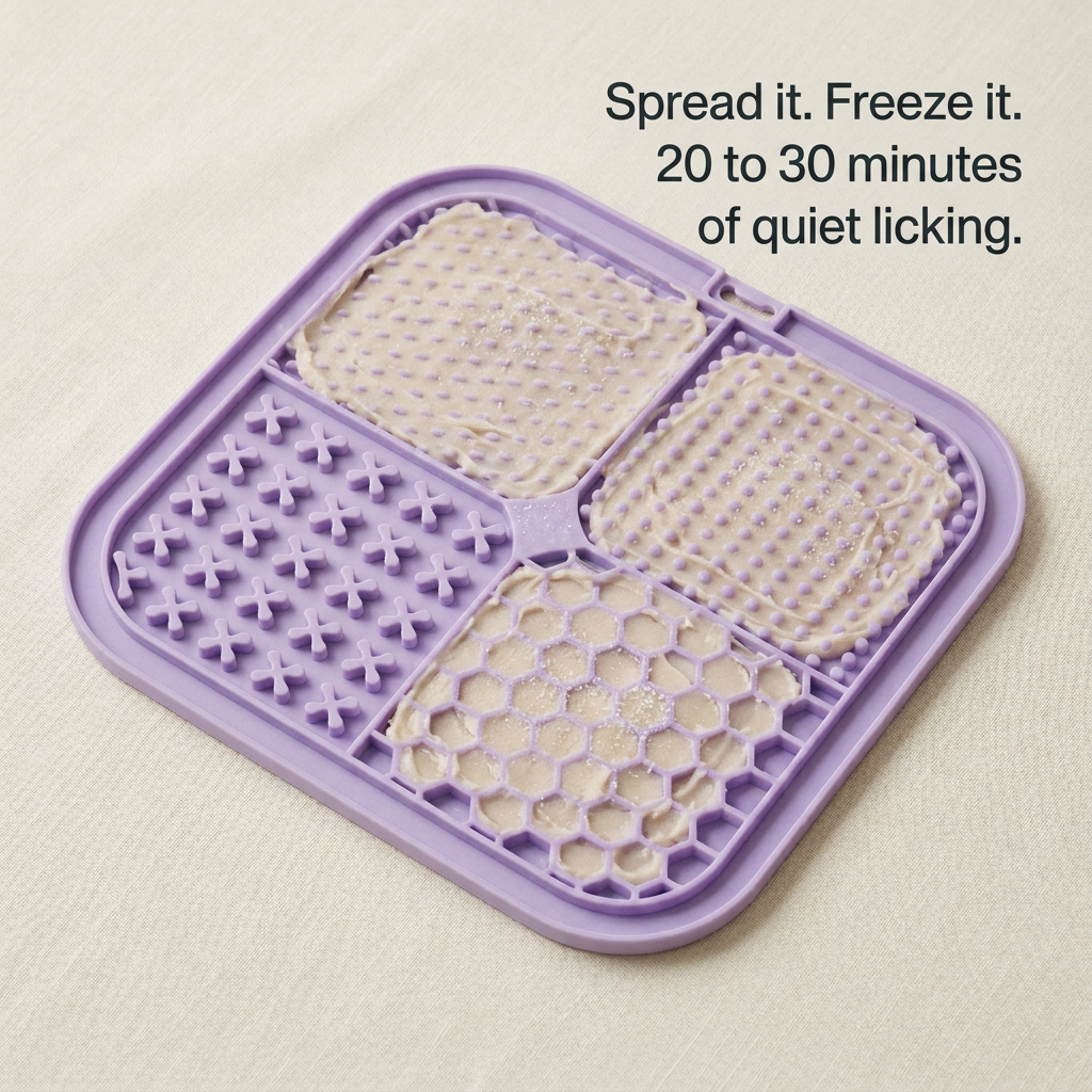 Tip card: freeze the filled lick mat for 20 to 30 minutes so it lasts about twenty minutes
