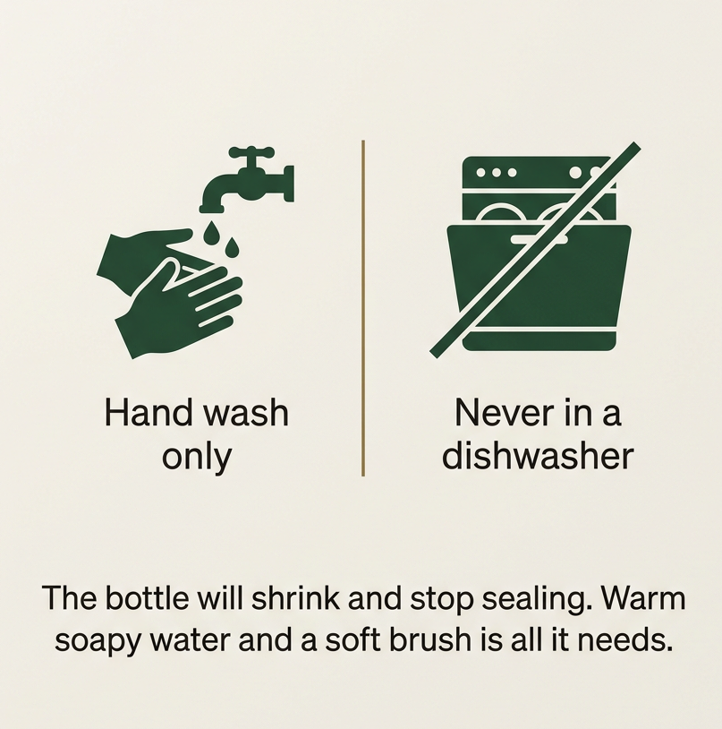 Warning card: hand wash only, because the dishwasher shrinks the bottle so the cap no longer seals