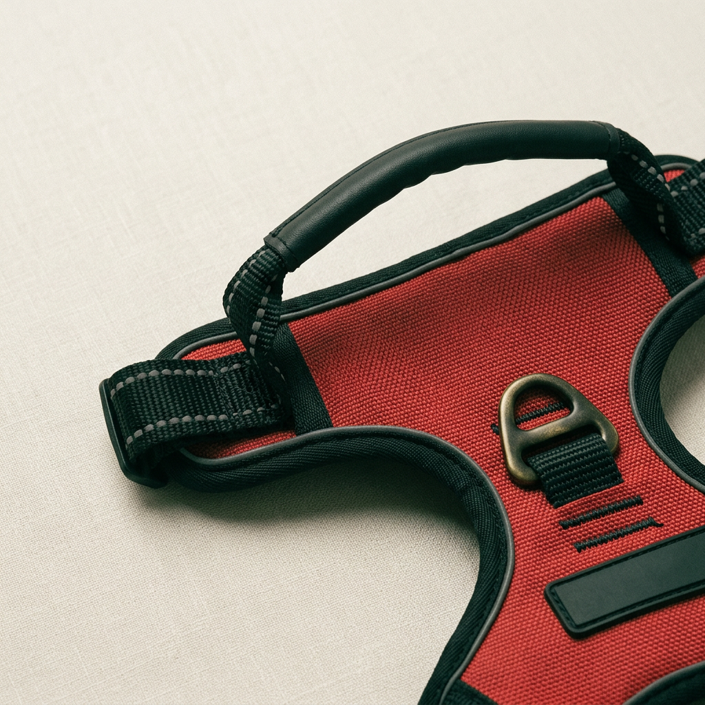 Close-up of the top handle and the lead ring on the back of the dog harness
