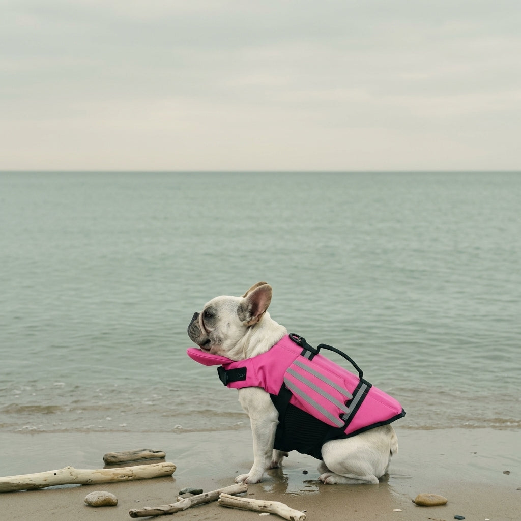 French bulldog wearing a pink dog life jacket with a chin float, sitting on wet sand at the edge of a calm sea
