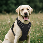Dog wearing the no-pull harness with the lead clipped to the front chest ring