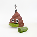 Poo emoji dog waste bag dispenser on a white background with its carabiner clip
