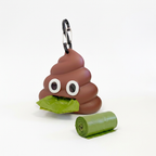 Poo emoji dog waste bag dispenser on a white background with its carabiner clip