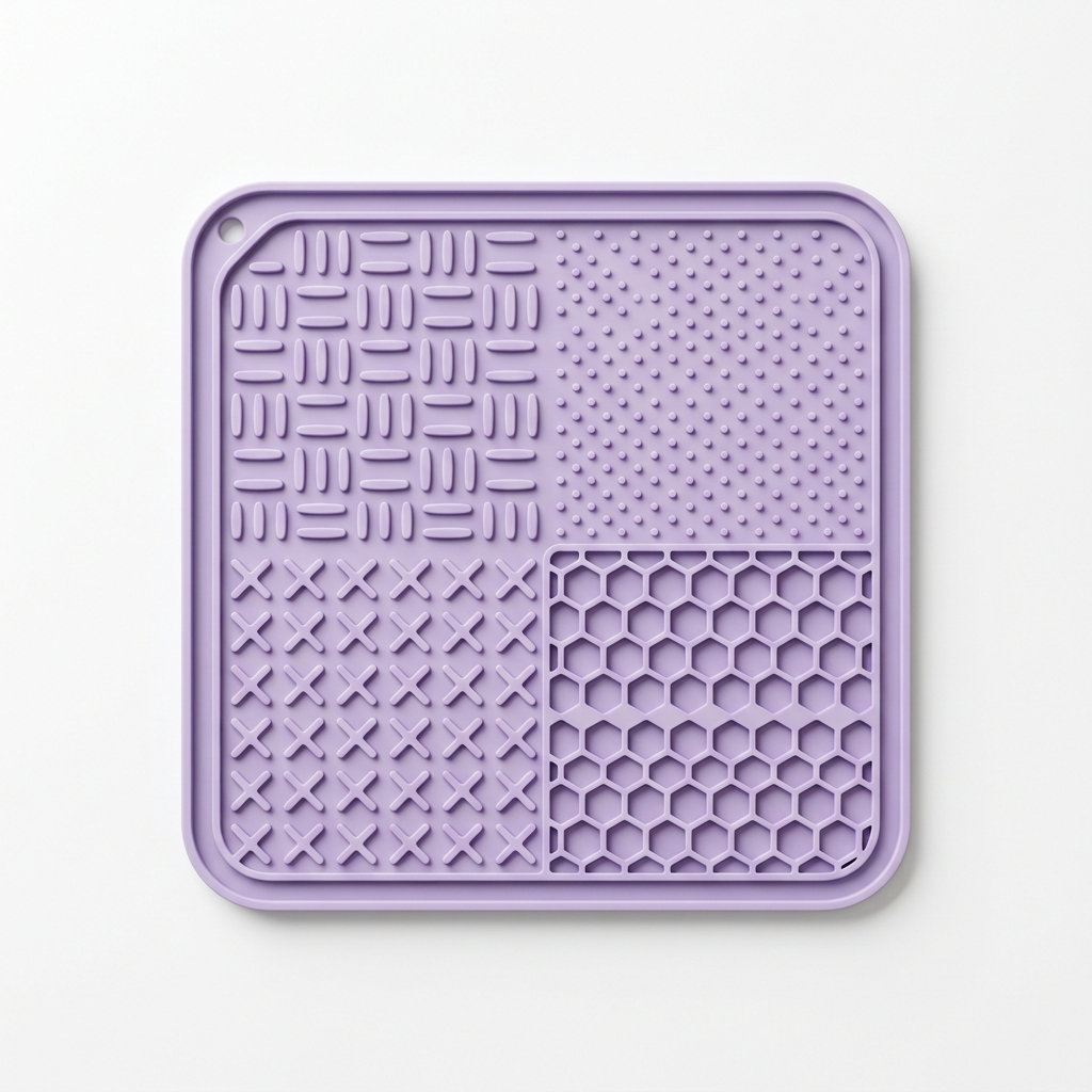 Square silicone dog lick mat on a white background showing its four textured sections