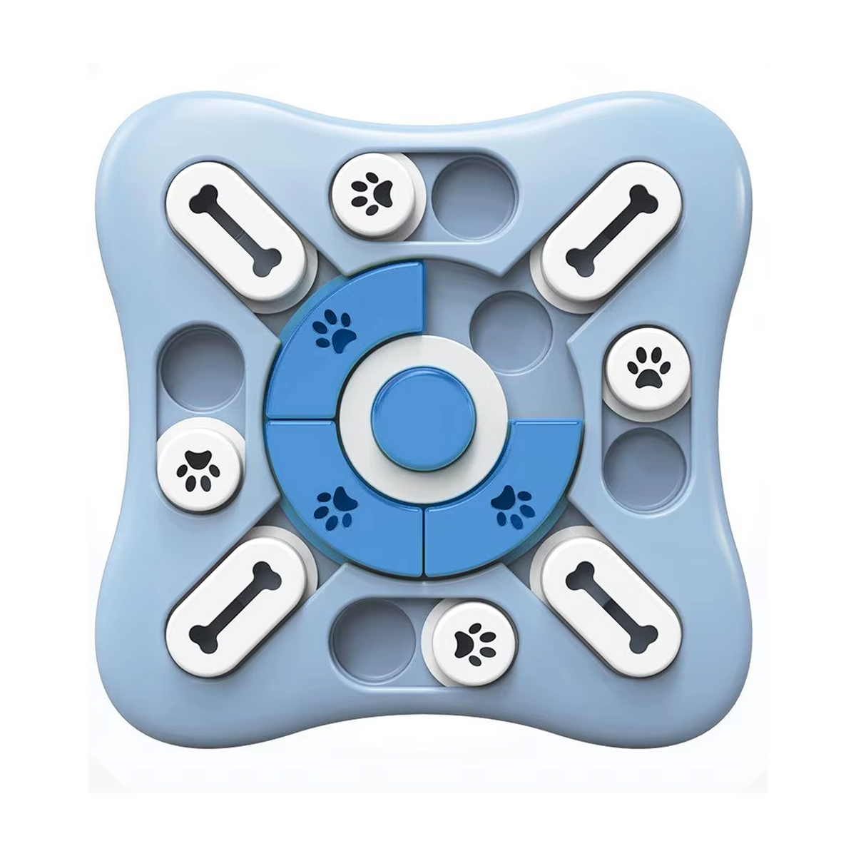 Dog puzzle toy on a white background with its sliding lids and spinning centre