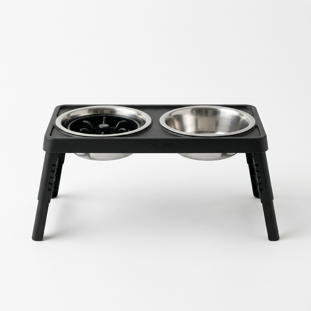Raised dog bowl stand on a white background with two stainless steel bowls in the folding frame