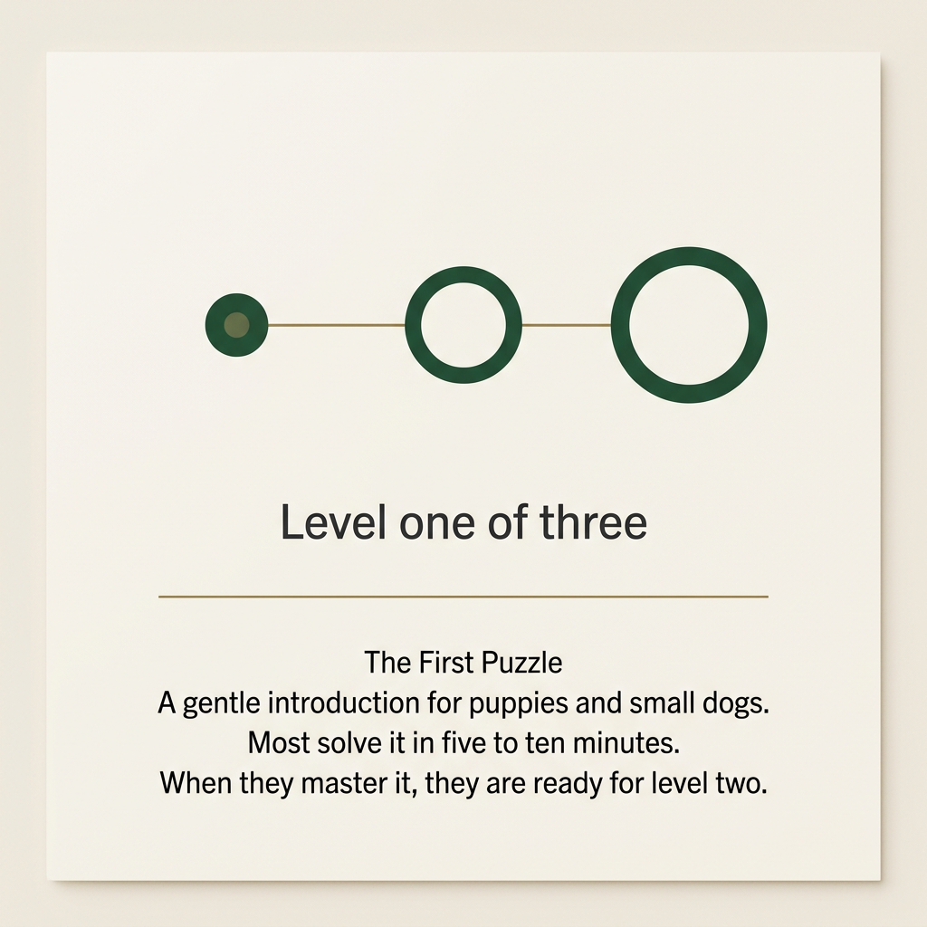 Card explaining this is a first puzzle, and most dogs solve it in three to eight minutes