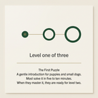 Card explaining this is a first puzzle, and most dogs solve it in three to eight minutes