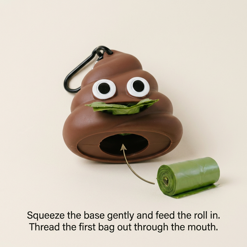 How to load a roll of bags into the poo emoji dispenser by squeezing the opening apart