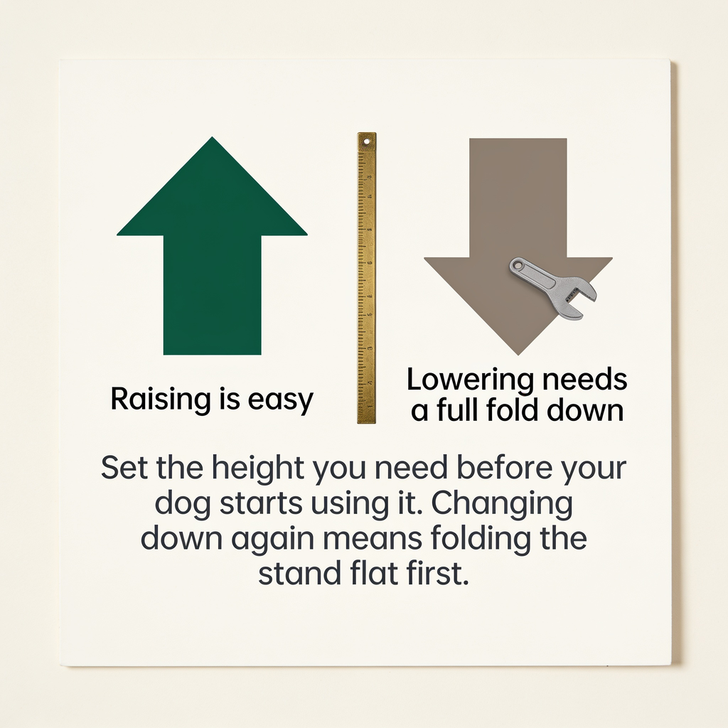 Warning card: raising the stand is easy, but lowering it means taking the leg sections apart