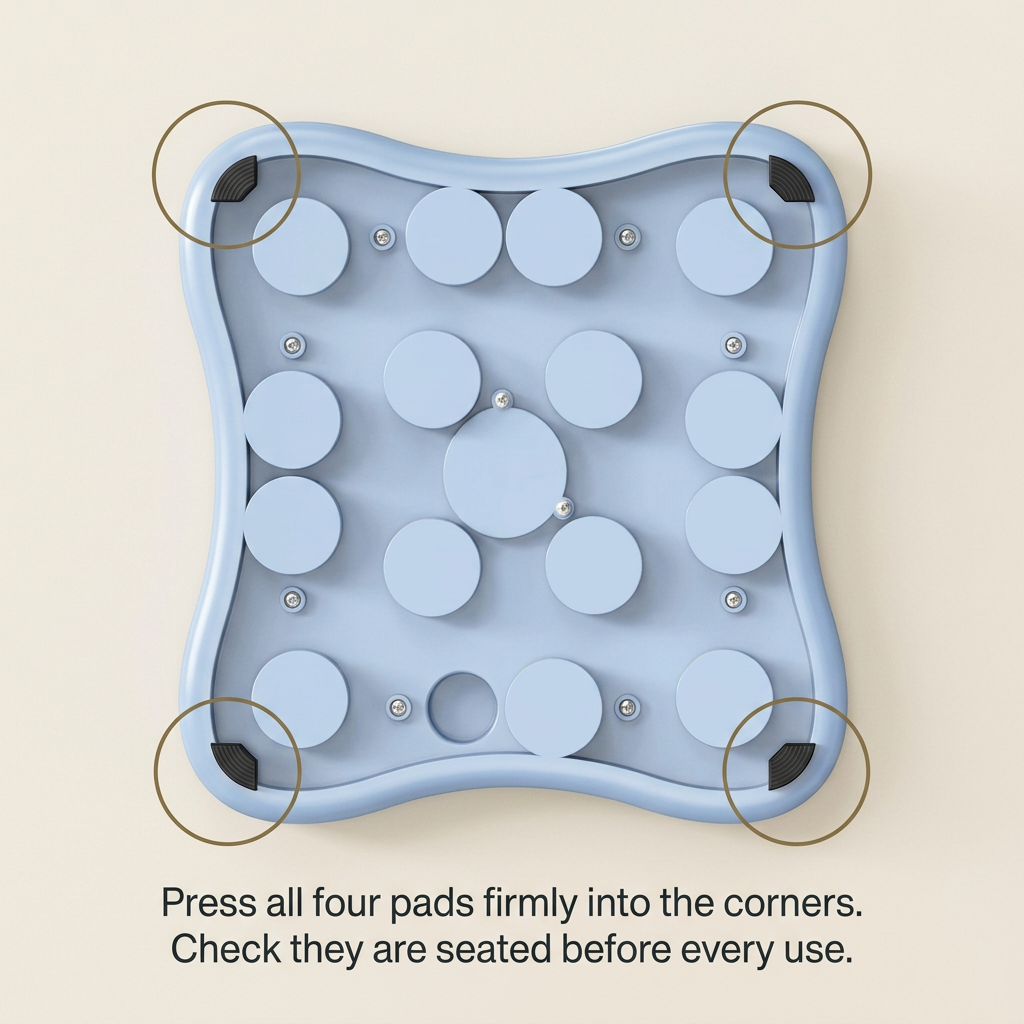 Close-up of the four rubber foot pads on the underside of the dog puzzle toy