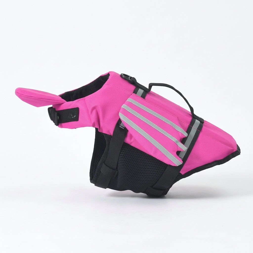 Pink dog life jacket with a forward chin float, three grey reflective bands, black rescue handle and black mesh belly panel