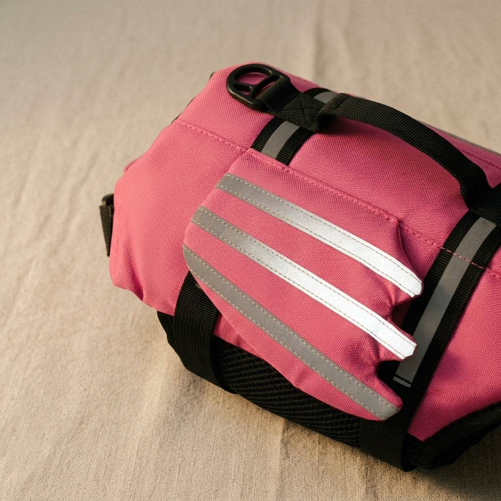 Close-up of the three grey reflective bands on the side panel of the pink dog life jacket
