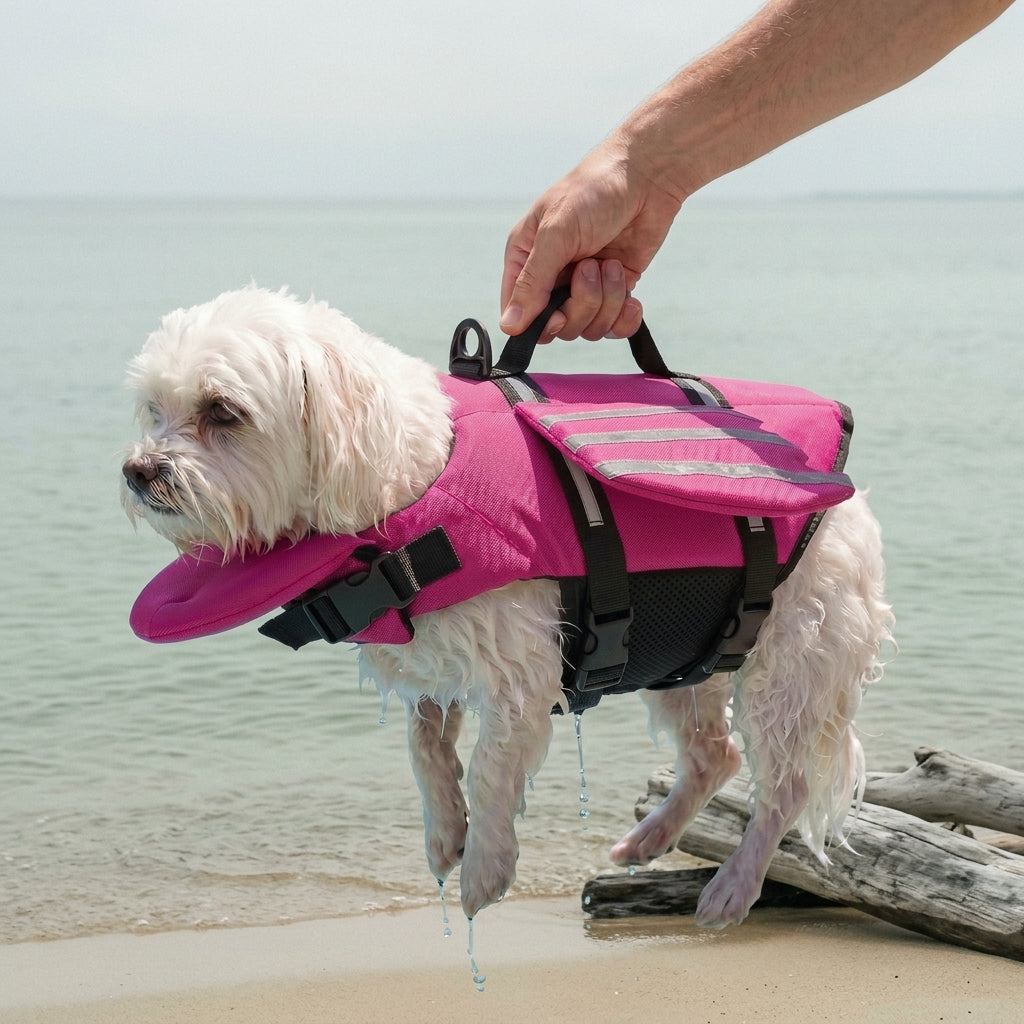 A hand lifting a small white dog out of the sea by the black rescue handle on its pink life jacket
