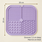 Lick mat measurements: 20 by 20 cm, about the size of a side plate, with shallow grooves
