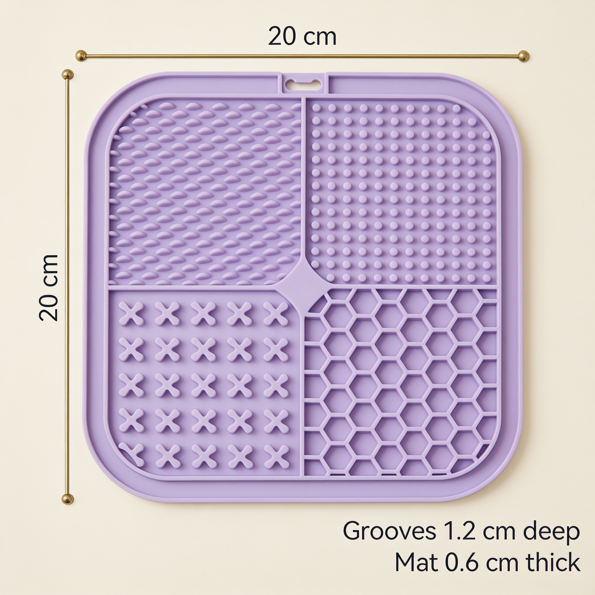 Lick mat measurements: 20 by 20 cm, about the size of a side plate, with shallow grooves