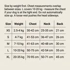 Dog life jacket size chart by weight: XS 2.5 to 4 kg, S 4 to 7 kg, M 7 to 10 kg, L 10 to 20 kg, XL 20 to 35 kg, with chest, neck and back measurements