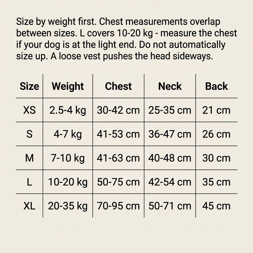 Dog life jacket size chart by weight: XS 2.5 to 4 kg, S 4 to 7 kg, M 7 to 10 kg, L 10 to 20 kg, XL 20 to 35 kg, with chest, neck and back measurements