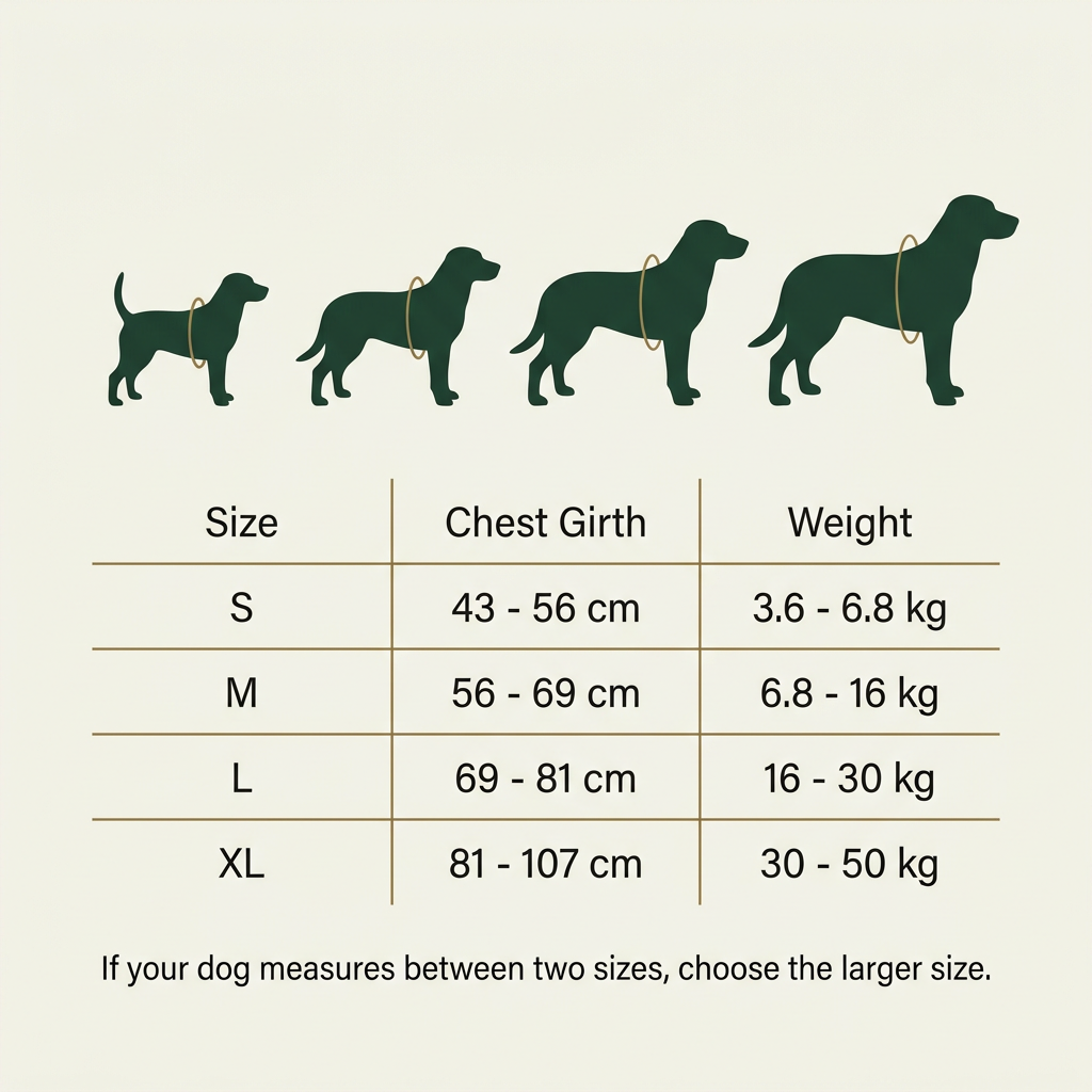 Size chart for the no-pull dog harness: chest girth 43 to 107 cm and weight 3.6 to 50 kg across sizes S to XL