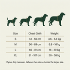 Size chart for the no-pull dog harness: chest girth 43 to 107 cm and weight 3.6 to 50 kg across sizes S to XL