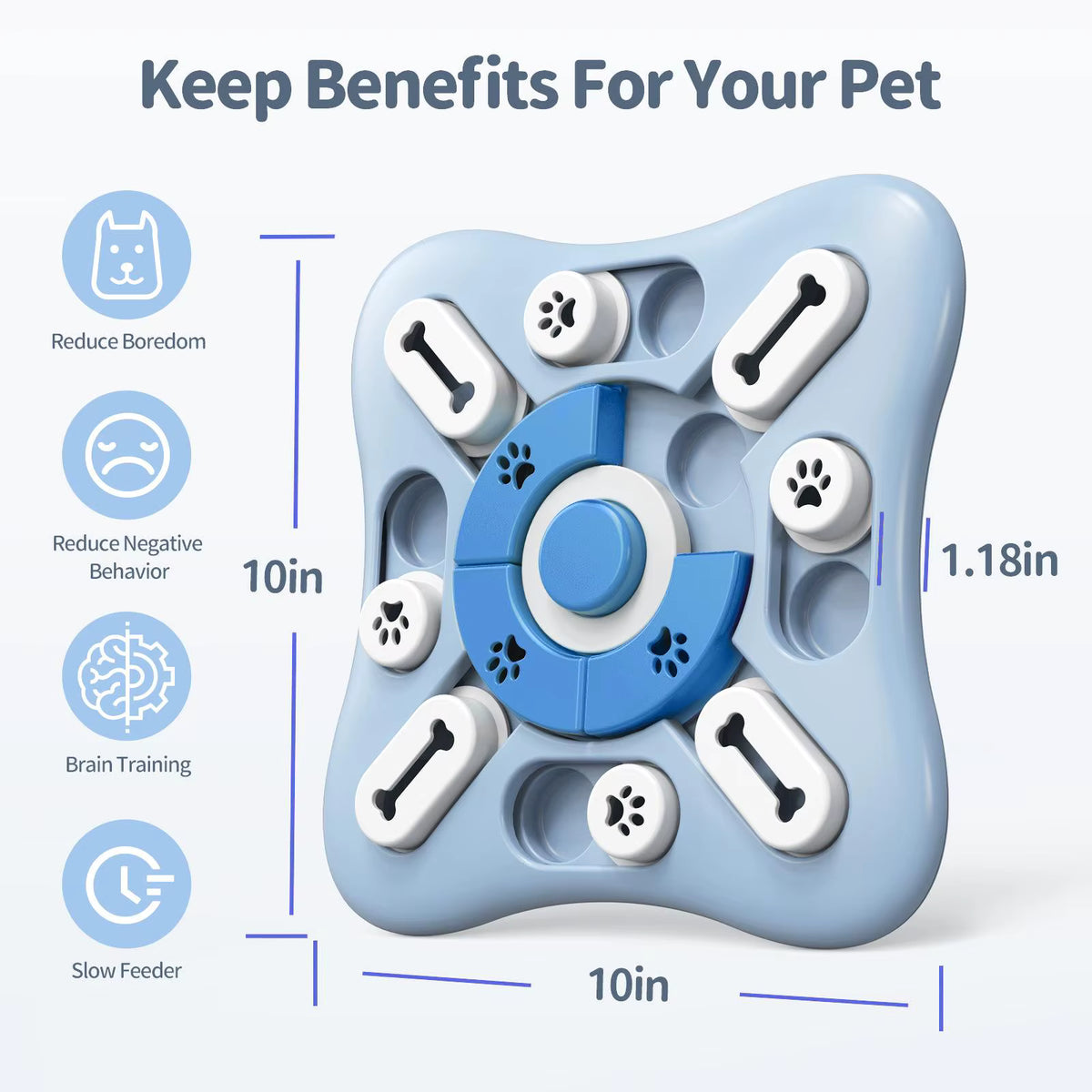 Dog puzzle toy measurements: 25 by 25 cm and about 3 cm tall, roughly the size of a dinner plate