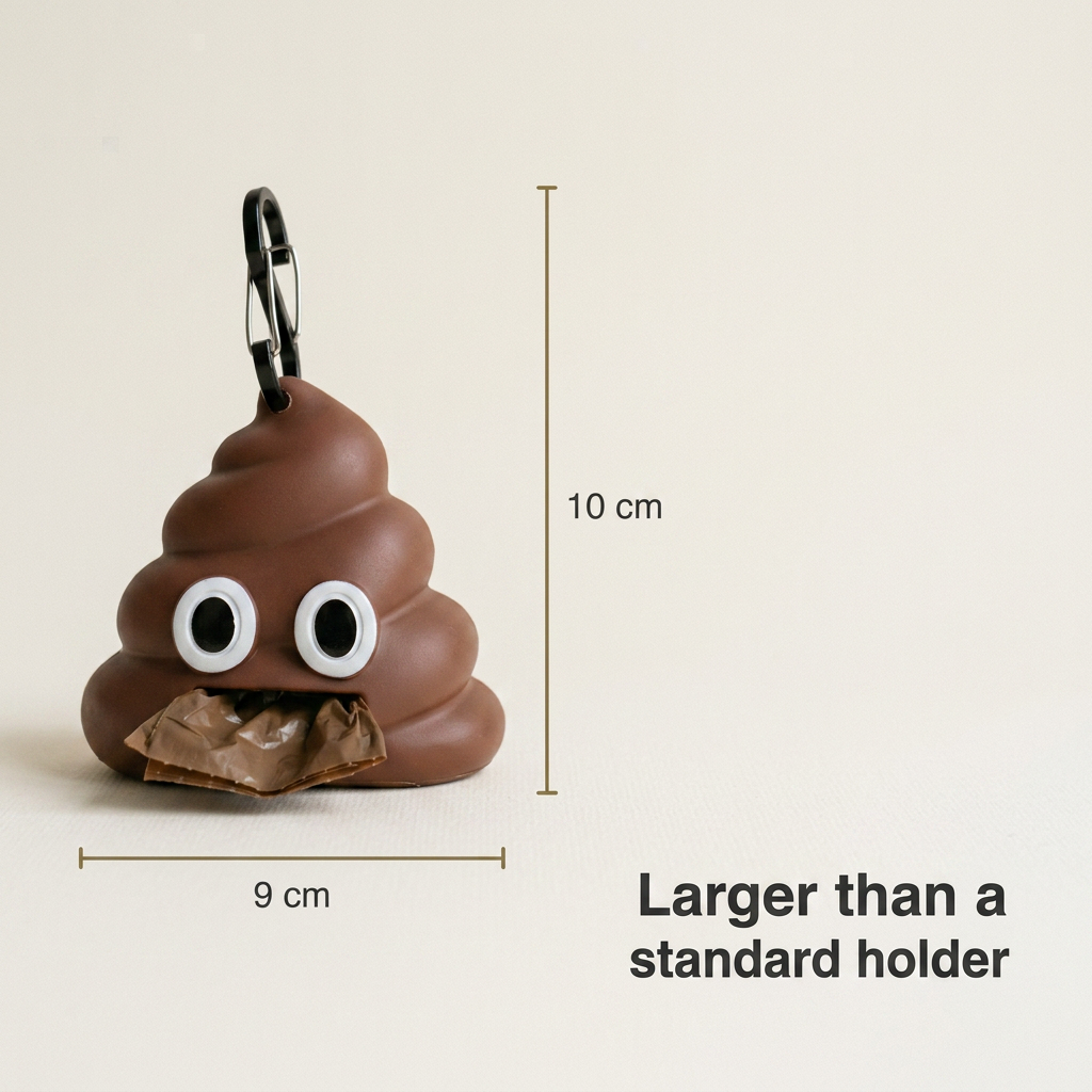 The poo emoji bag dispenser shown next to a plain dispenser, about twice the size