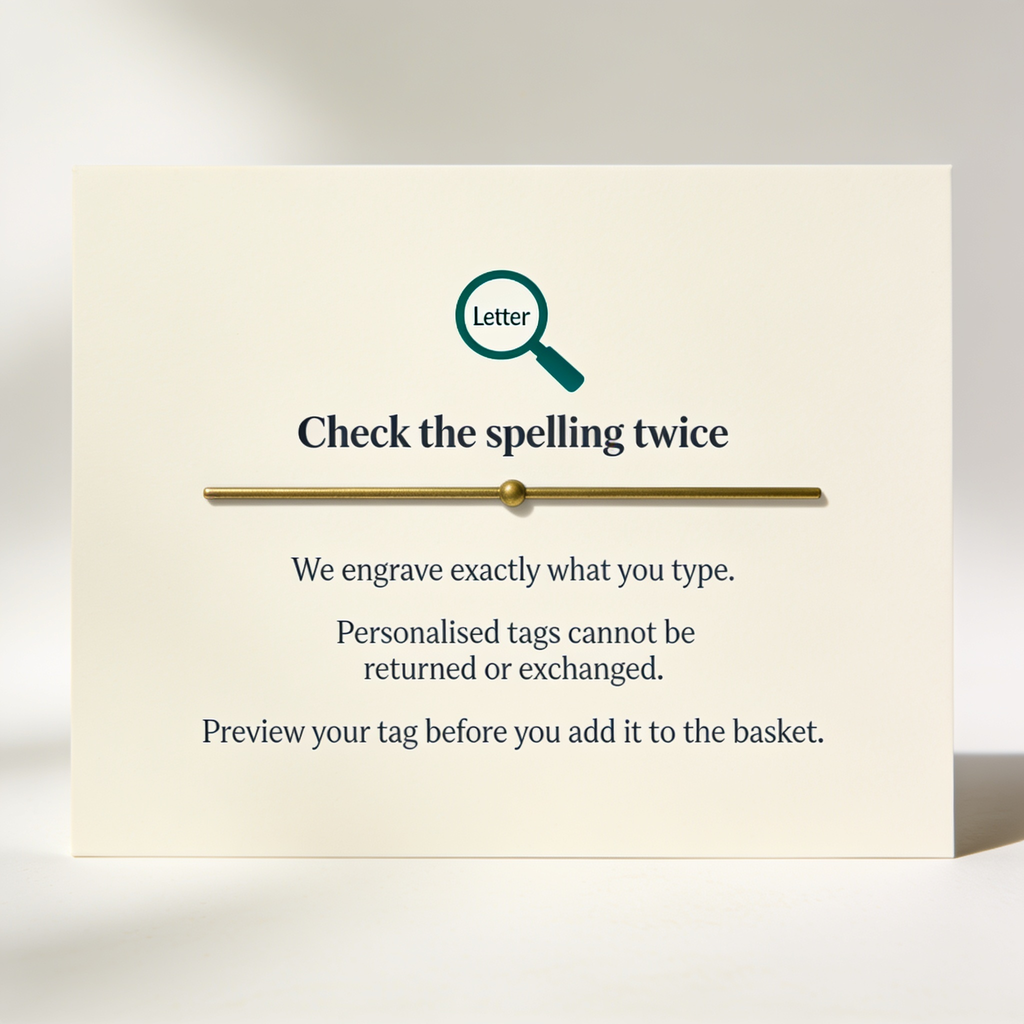 Warning card: engraved tags are made to order and cannot be returned, so check the spelling before you pay