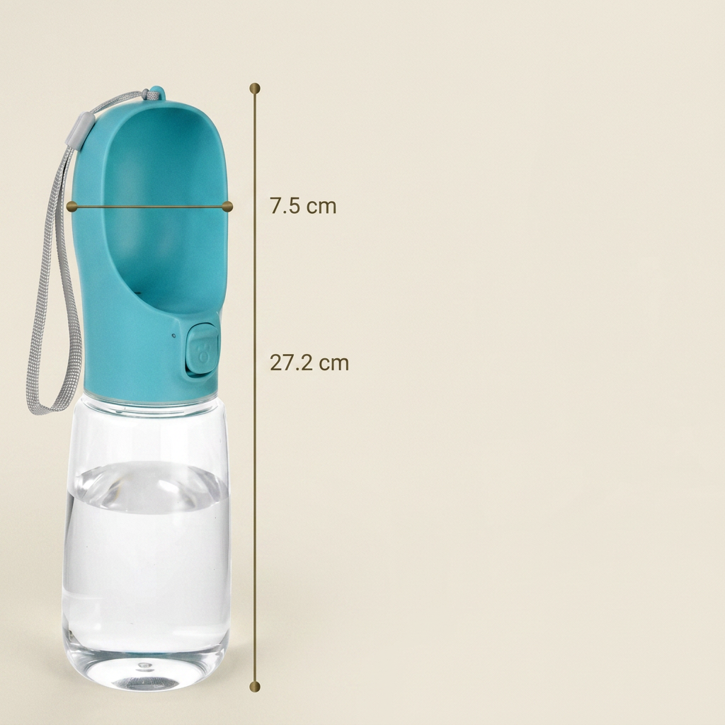 Measurement of the drinking trough on the dog water bottle, about 7 cm across