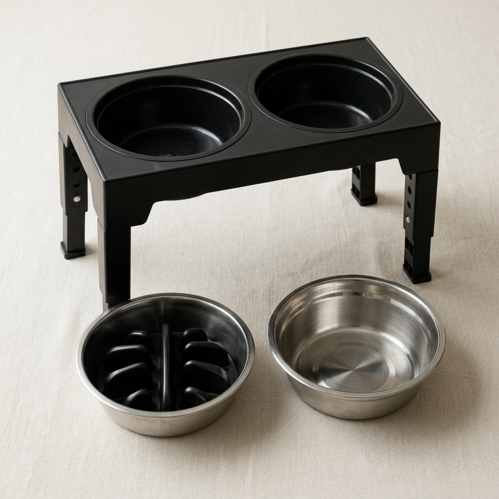 The two thick stainless steel bowls lifted out of the raised feeder frame for washing