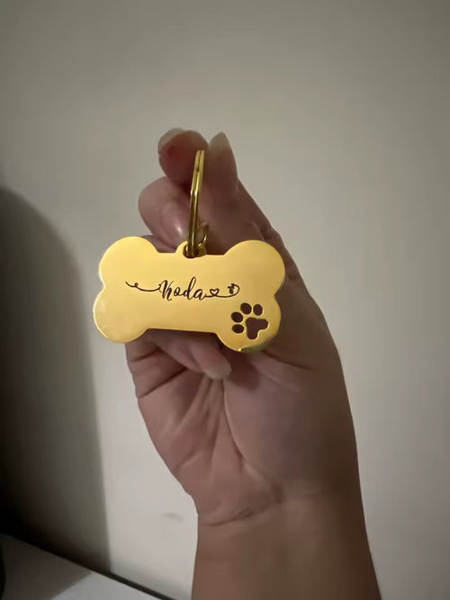 An engraved bone-shaped dog tag held up to the light, showing the lettering cut into the metal