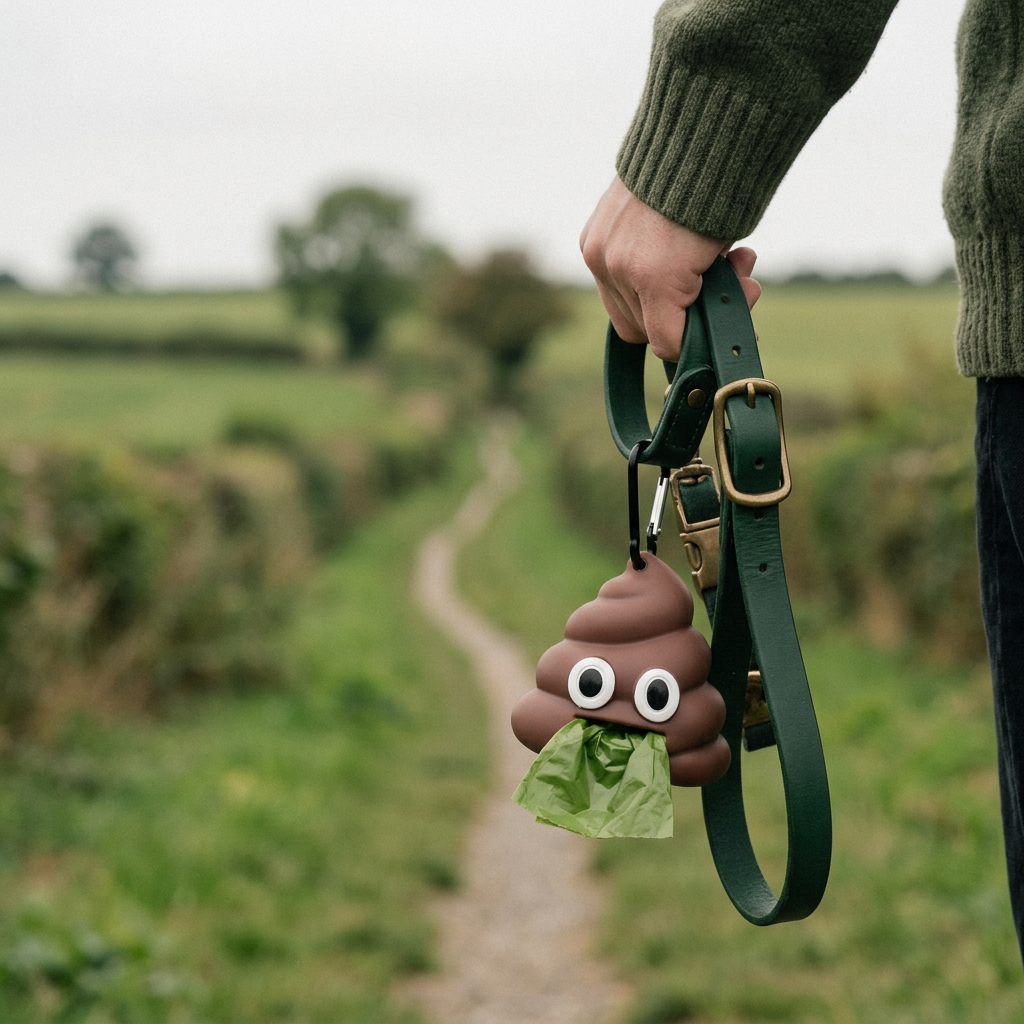 The poo emoji bag dispenser clipped to a dog lead on a walk
