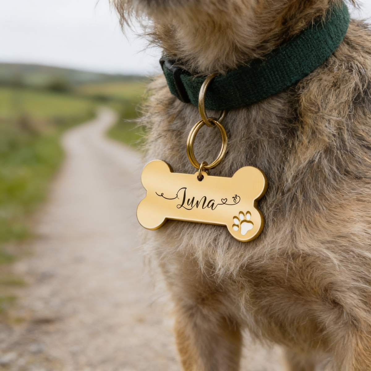 The engraved stainless steel tag hanging from a dog's collar