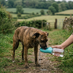 Dog drinking from the portable water bottle held in one hand on a walk