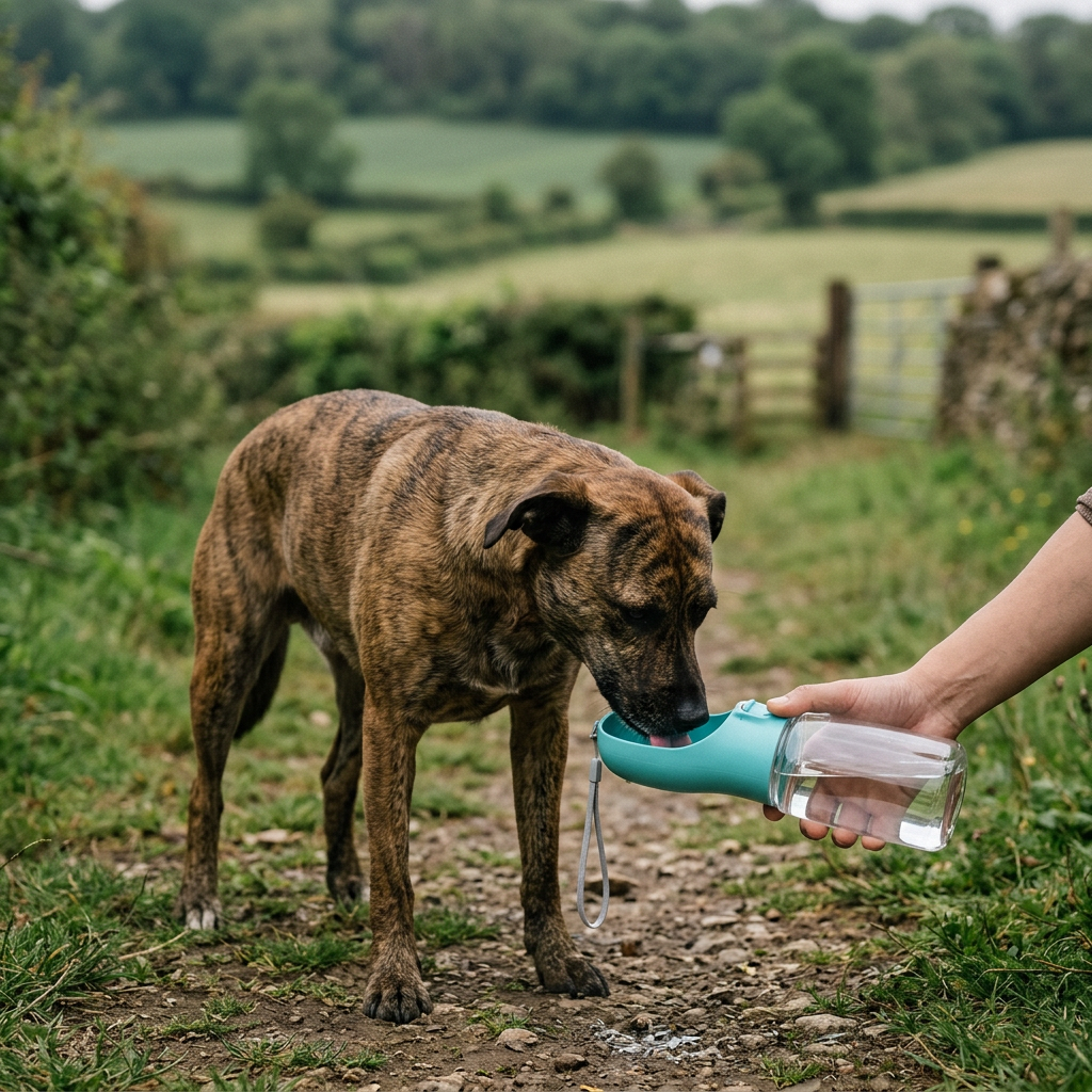 Dog drinking from the portable water bottle held in one hand on a walk